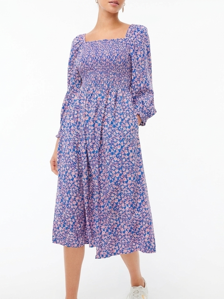 Smocked Square-Neck Floral Midi Dress In Blue And Pink.